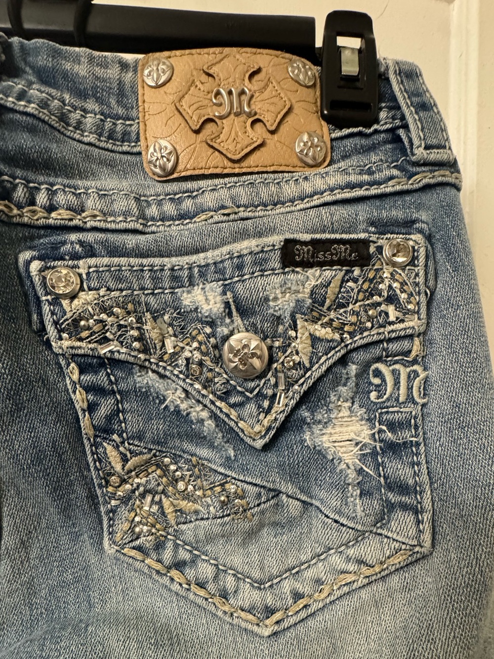 Miss Me Distressed Studded Mid-Rise Flare Jeans
